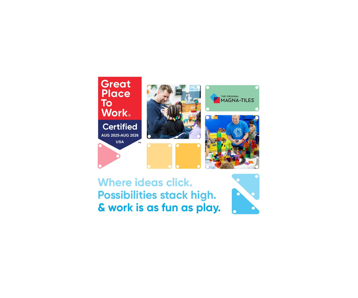 Banner showing Great Place To Work Certified badge, Magna-Tiles logo, and employee photos