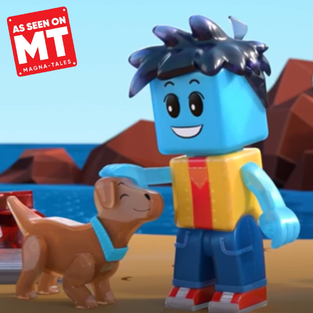 Front view of Puppy Park 27-piece set showing the Doggy Caretaker Figure with a puppy by the water and As Seen on MT badge