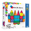 Three-quarter front view of Magna-Tiles Classic 37-piece set box showing assembled colorful translucent magnetic squares and triangles on white background