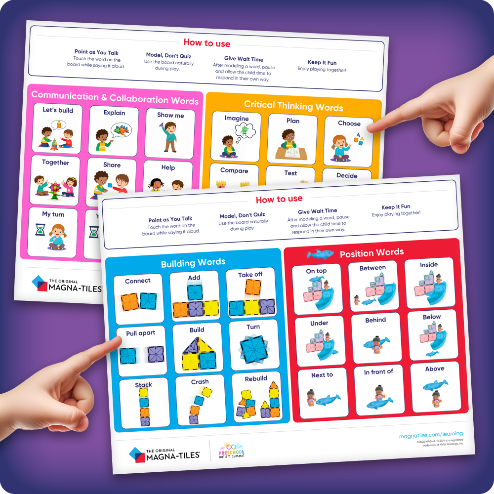 Two printed educational activity sheets for children with colorful word grids and illustrations, shown on a purple background with two hands pointing at the sheets. The sheets include sections for Communication & Collaboration Words, Critical Thinking Words, and Building Words / Position Words.