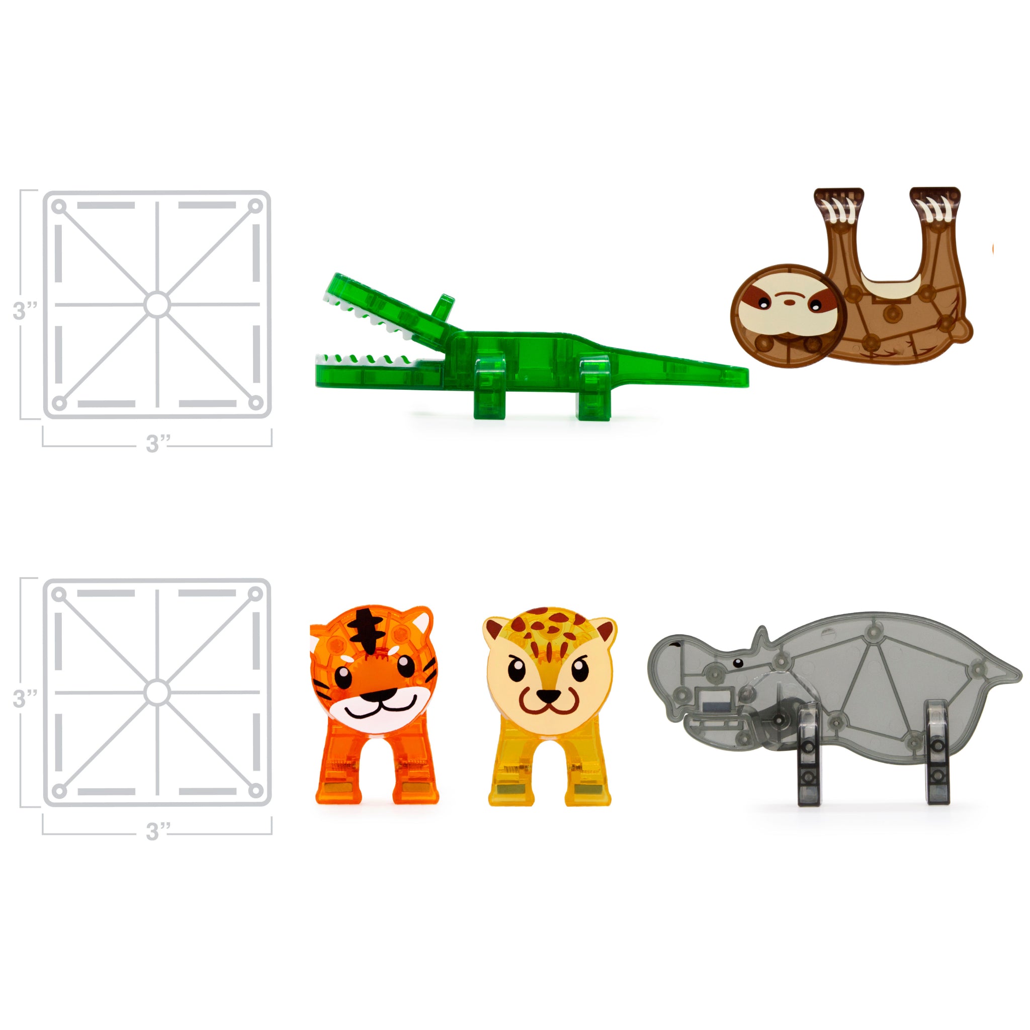 Scale representation of the sizes of the MAGNA-TILES® Caiman, Sloth, Tiger, Leopard and Hippo compared to a Classic Square tile.