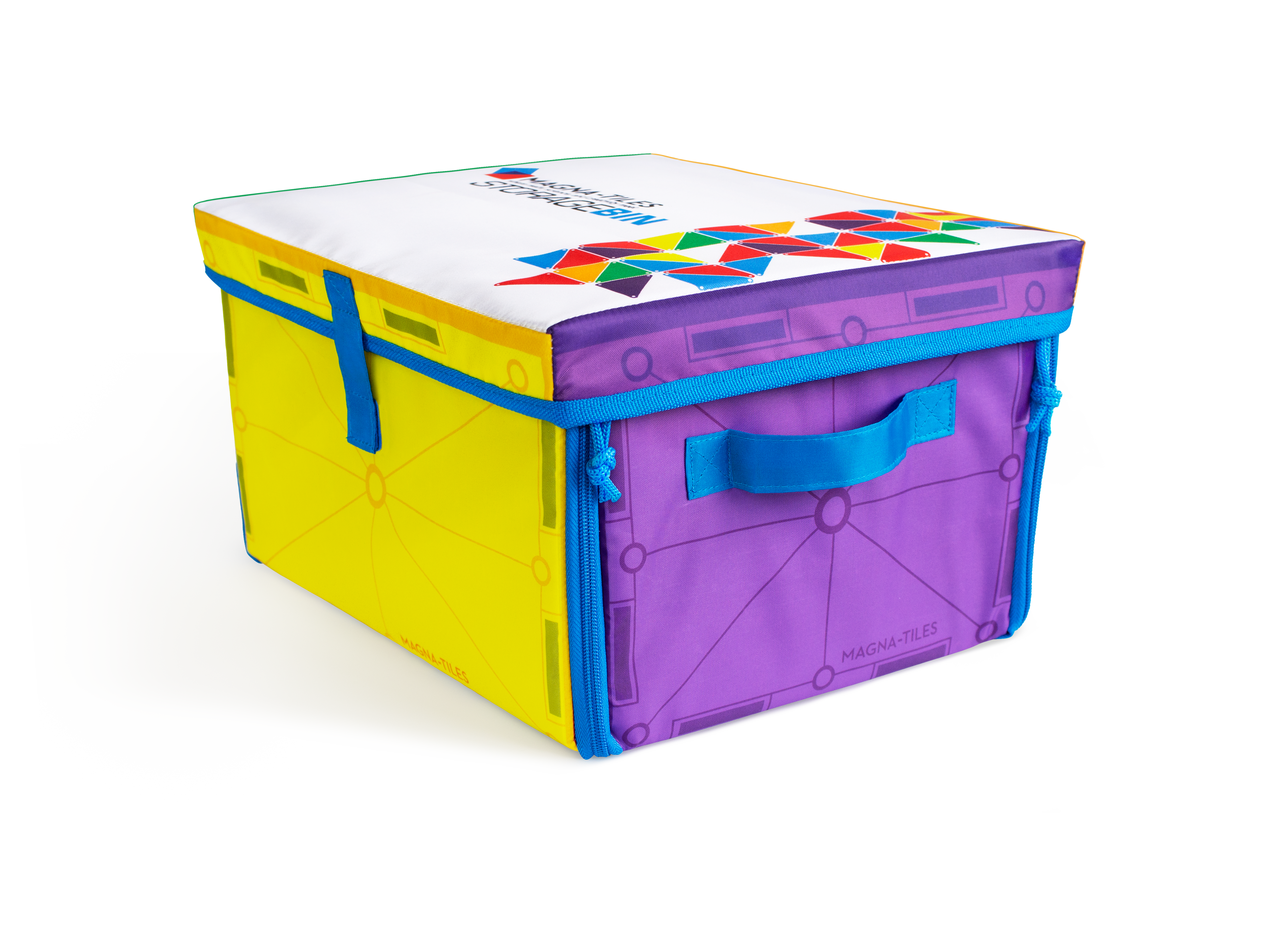 MAGNA-TILES® Storage Bin & Interactive Play-Mat in bin form showing a yellow side, purple side and white top