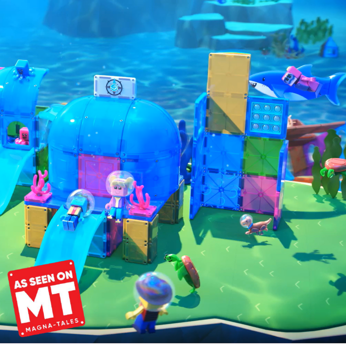 Undersea Adventure 58-piece magnetic set showing a blue domed pod, slide, colorful tile tower, divers, and sea creatures