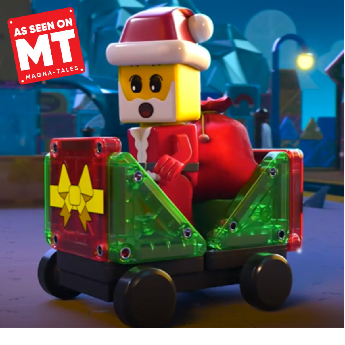 Front view of microMAGS Advent Calendar 34 Piece Set showcasing a holiday figure in a red and green magnetic vehicle
