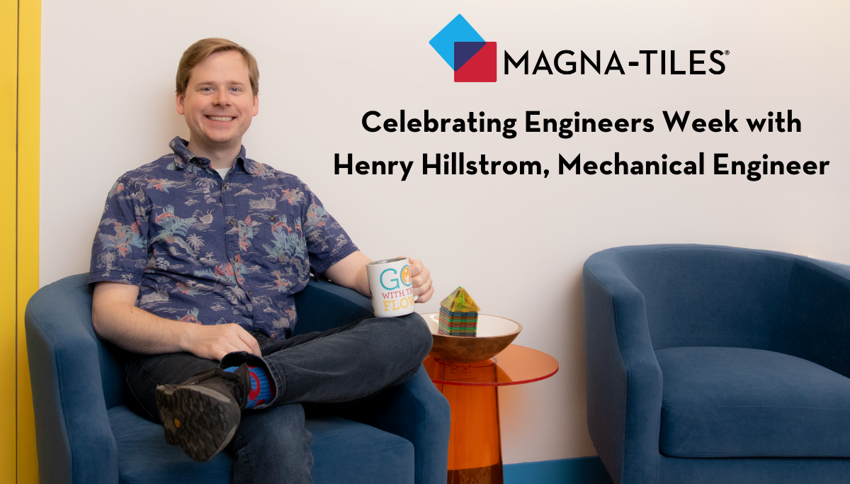 Celebrating Engineers Week with Henry Hillstrom, Mechanical Engineer, seated in a blue chair holding a mug beside a tile model