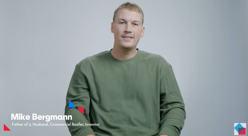 Man seated in a studio interview against a light gray background with on-screen name 'Mike Bergmann' and a small Magna-Tiles logo