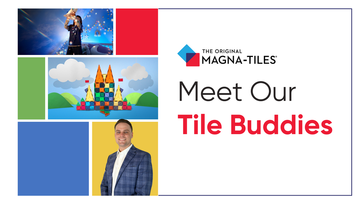 Banner with MAGNA-TILES logo and headline 'Meet Our Tile Buddies', showing a Magna-Tiles castle and portrait of Adam Honn