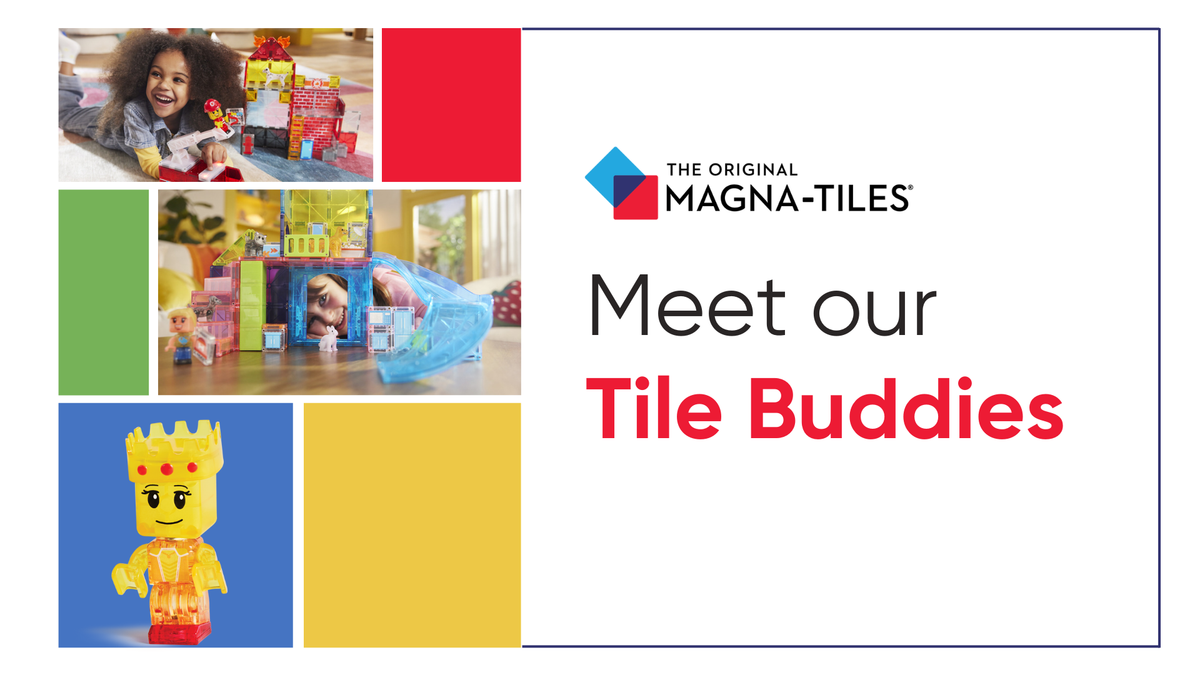 Banner with MAGNA-TILES logo and headline 'Meet our Tile Buddies' with photos of kids playing with translucent magnetic tiles