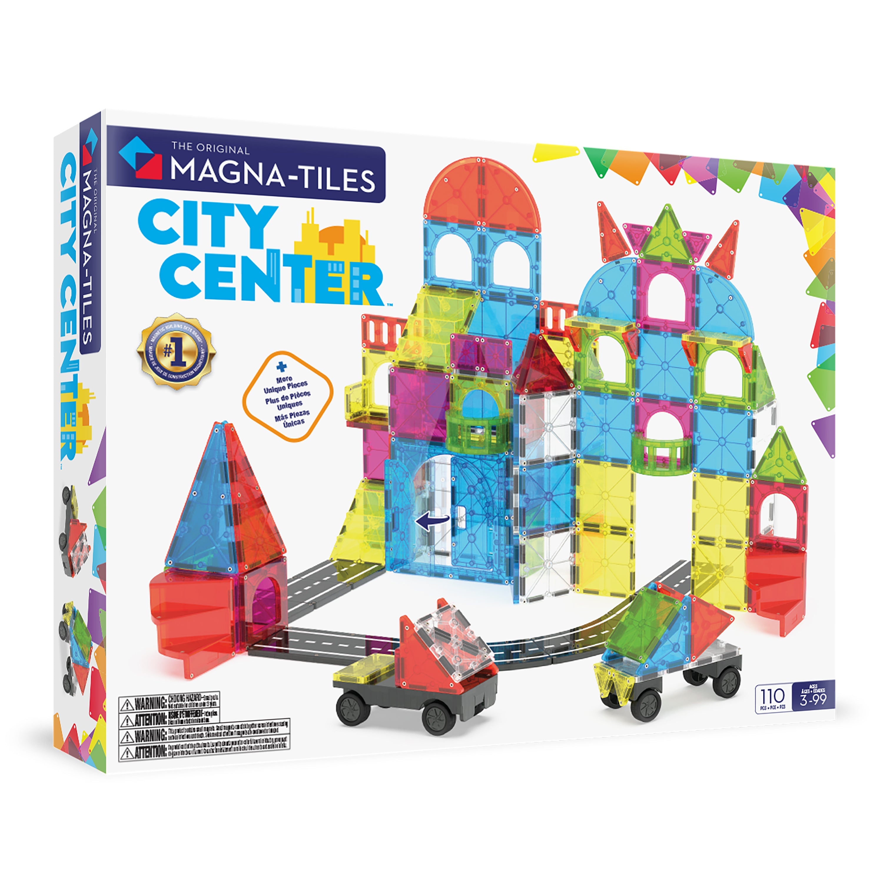 Three-quarter view of MAGNA-TILES City Center 110-piece magnetic set showing translucent tiles, road pieces, and two toy cars