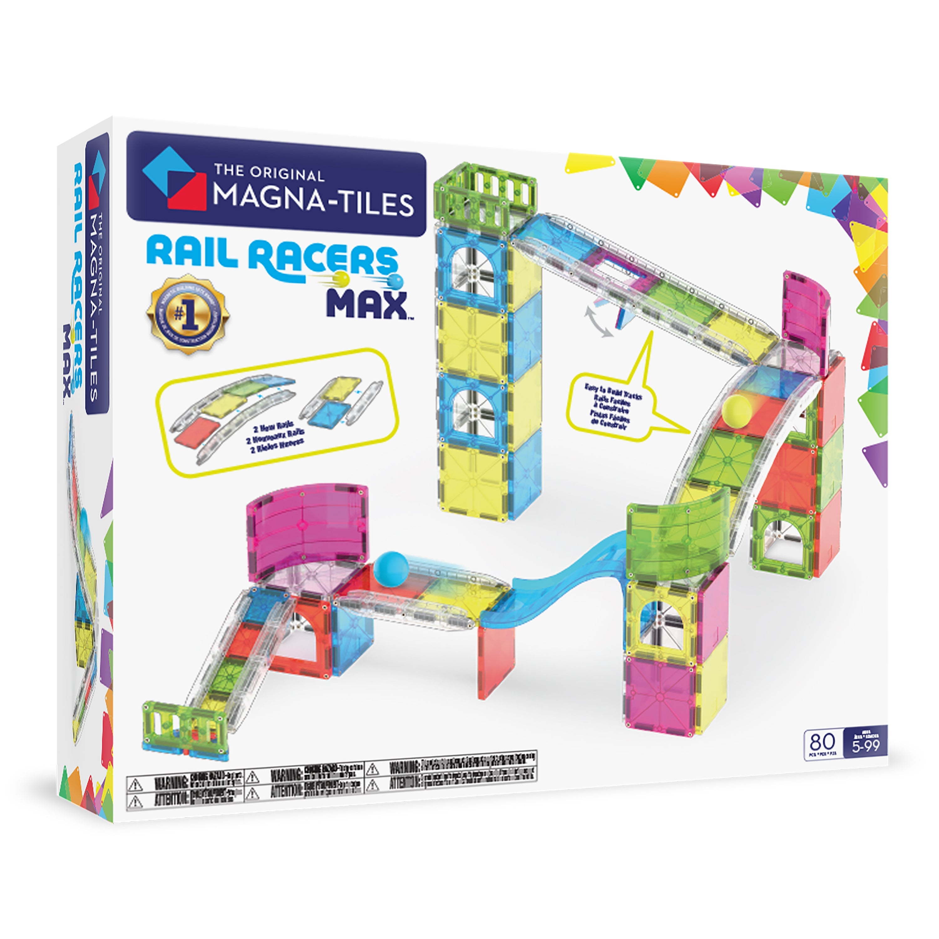 Front view of Rail Racers Max 80 Piece Set showing assembled translucent tracks, trapdoor and curved tiles on white background