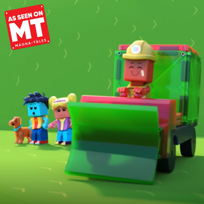 Front view of Builder XL 50 Piece Set with green and red truck, detachable plow, construction figures, and As Seen on MT