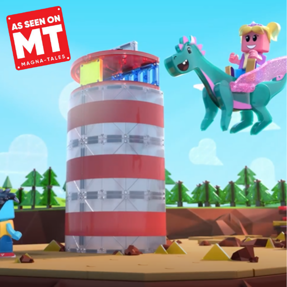 Front view of Lighthouse Rescue 26 Piece Set showing red and white lighthouse with character figures on rocky shore