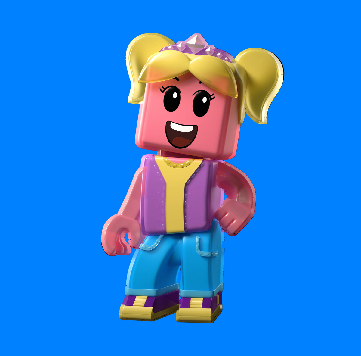 A stylized 3D blocky character figure with pink skin, yellow pigtails, a purple top, blue pants, and yellow-and-purple shoes, isolated on a black background.