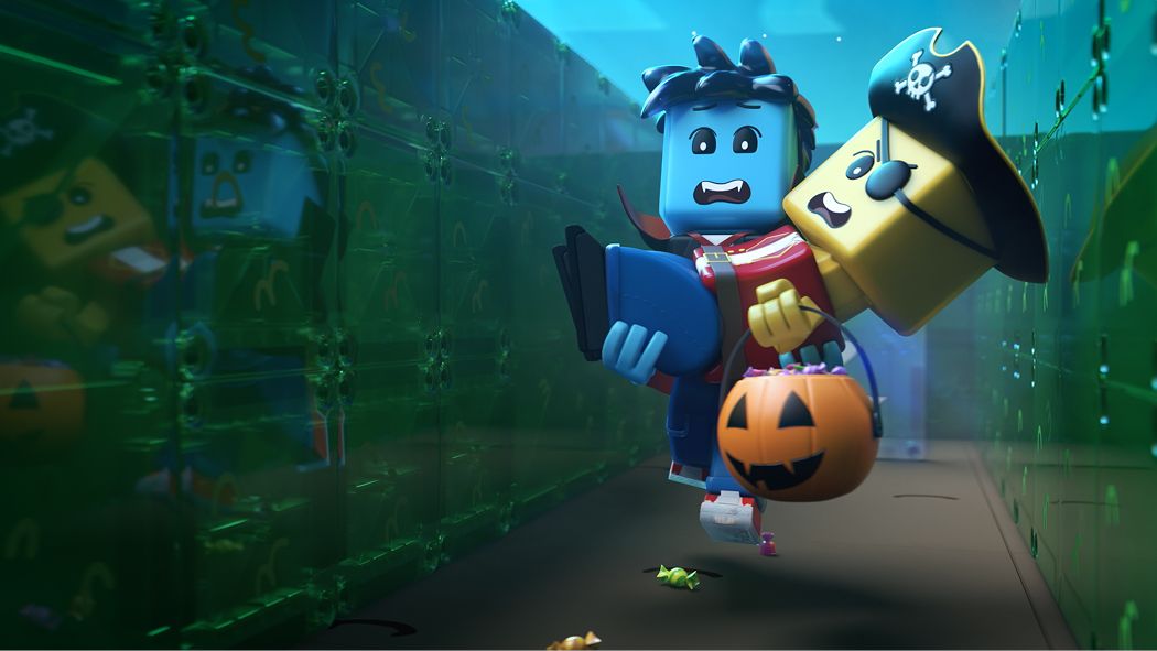 Animated characters race through a spooky green-lit corridor during a Halloween adventure, carrying a pumpkin treat bucket