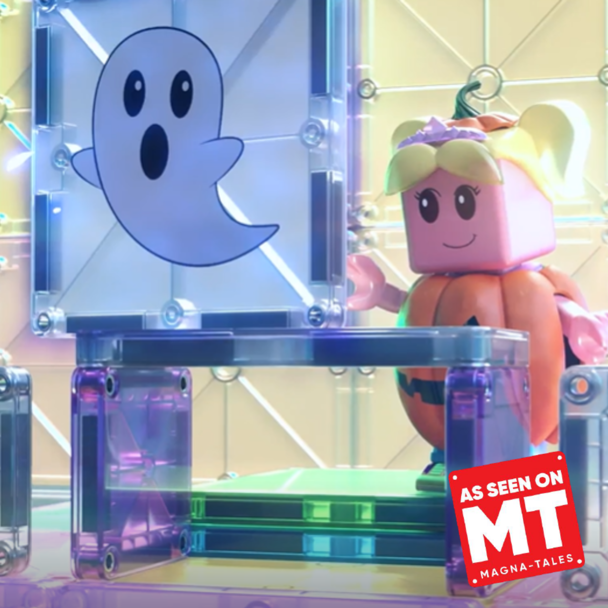 Close-up of microMAGS Spooky 24 Piece Travel Set showcasing ghost tile and neon build with Halloween background