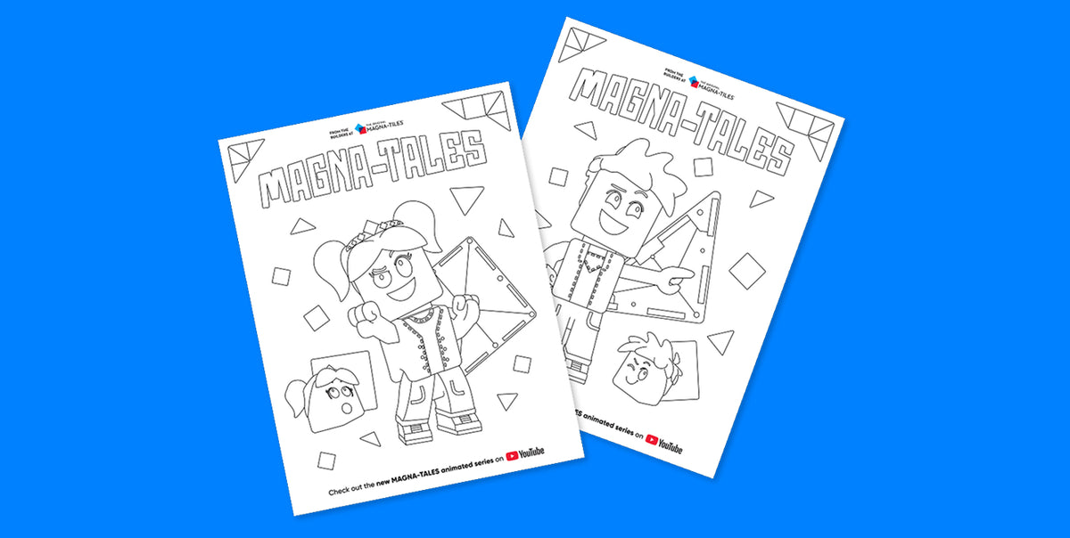 Angled view of two MAGNA-TALES coloring pages featuring Maggie and Tyler on a blue background