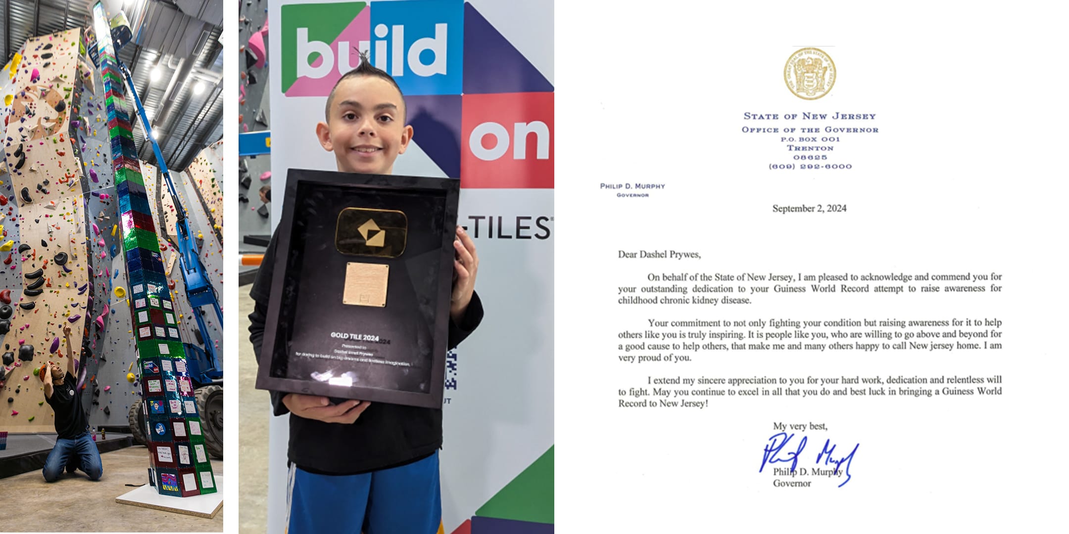 Images of Dashel's tower, his award plaque, and a letter from the Office of the Governor of New Jersey