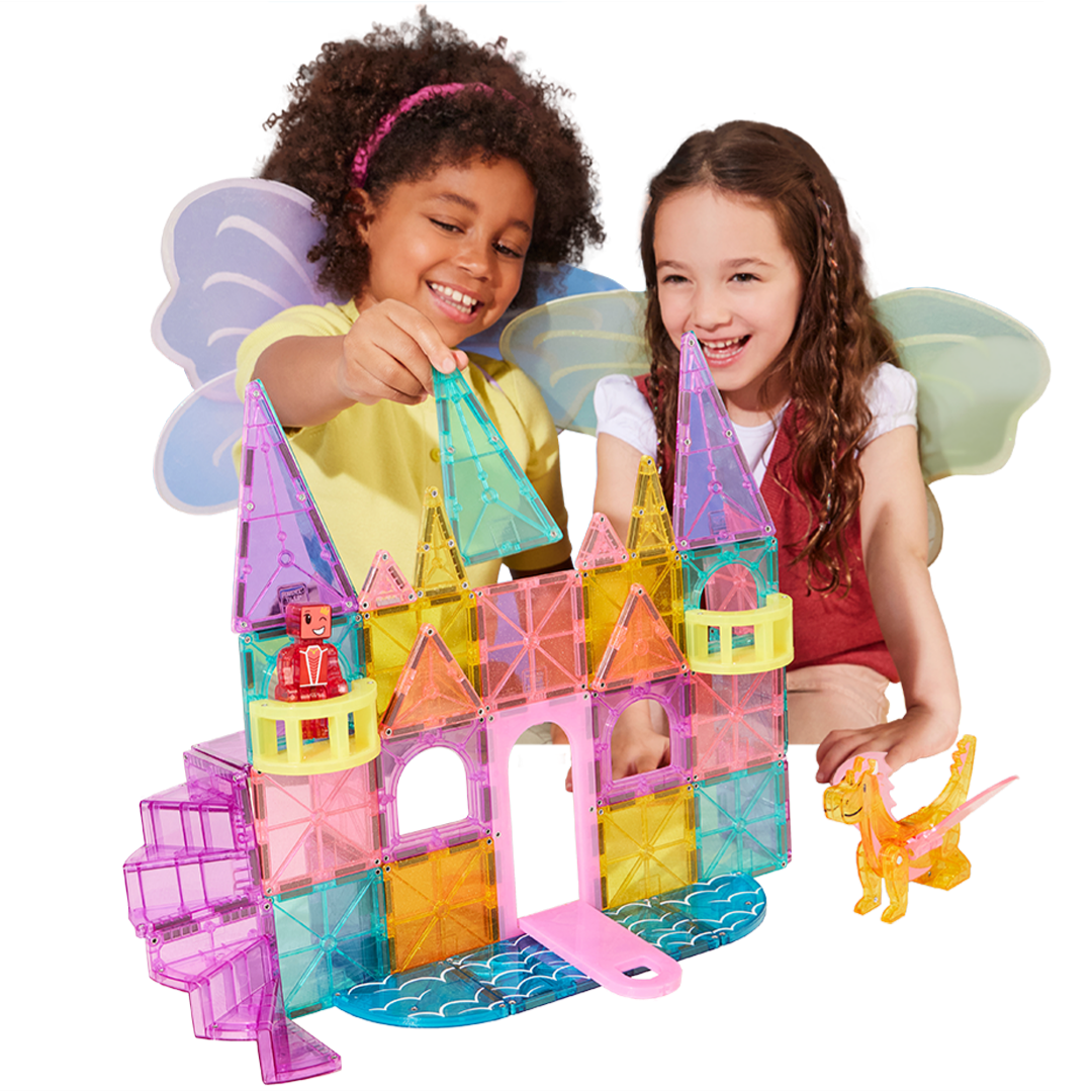 Two children playing with the MAGNA-TILES® Castle DLX 48-Piece Set